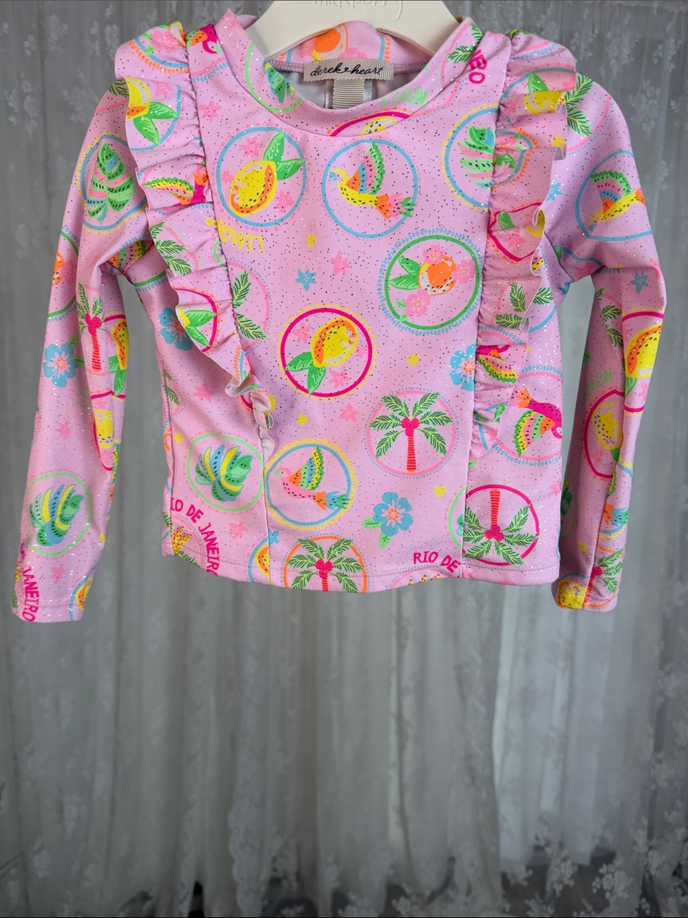 (5for$12) 3T Pink Tropical-Print Long Sleeve Bathing suit/ Ruffle Trim